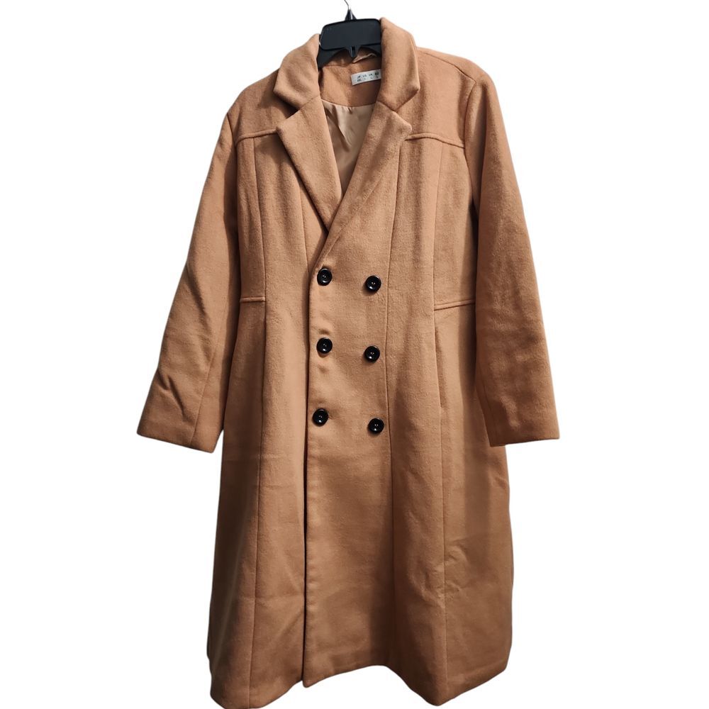 Elegant Double-Breasted Long Wool Blend Camel Coat Winter Outerwear‎ Size L